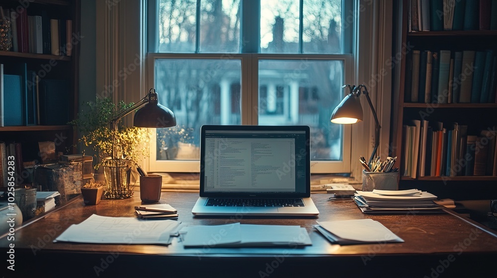 Papers and Laptop on a Desk in a Home Office Papers and Laptop on a Desk in a Home Office
