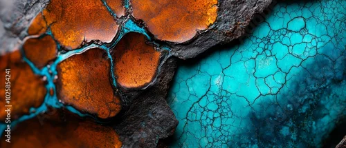 Panel kuchenny z motywem  A detailed image of an art piece resembling wood, adorned with blue and orange pigments