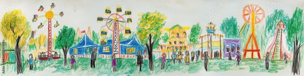 Fototapeta premium Colorful hand-drawn amusement park scene with Ferris wheel and swings.
