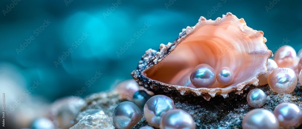 Close-up of a pearl-studded seashell on a rock, surrounded by water Blurred sky in the background Close-up of a pearl-studded seashell on a rock, surrounded by water Blurred sky in the background