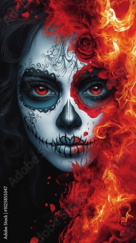 Advertising creative for a tattoo studio, realism style, tattoo of a muerto girl and a skull on fire, black background