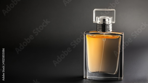 men's perfume bottle with a clean and austere design on a plain, matte black background. Mockup for design