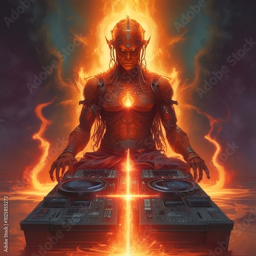 Illustration of electronic music DJ with fire and burn effect.