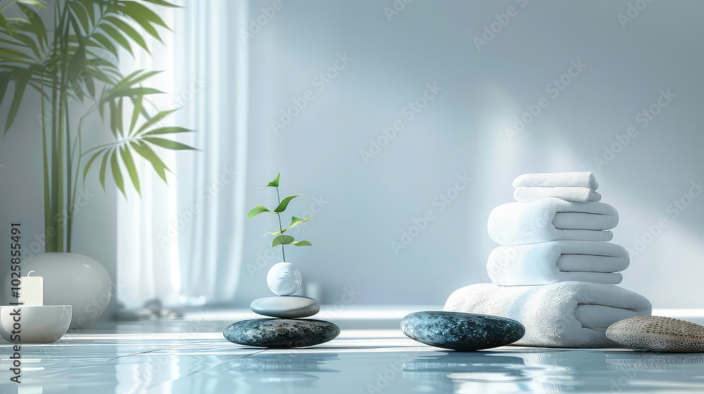 A serene spa setting with stacked towels and stones, symbolizing peace and relaxation. A serene spa setting with stacked towels and stones, symbolizing peace and relaxation.