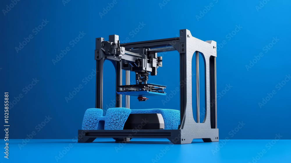 A blue background with a 3D printer and a 3D printing symbol. A blue background with a 3D printer and a 3D printing symbol.