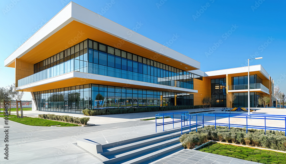 The architectural exterior design features a light yellow and white color scheme, with double-cream walls and glass windows on the first floor of an office building in the front view. The architectural exterior design features a light yellow and white color scheme, with double-cream walls and glass windows on the first floor of an office building in the front view.