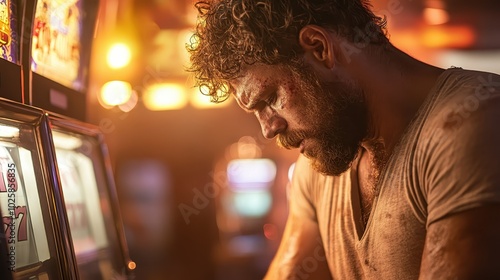 A rugged man intensely focused on a slot machine, with sweat glistening on his forehead, capturing a tense and dramatic moment of anticipation and hope. photo