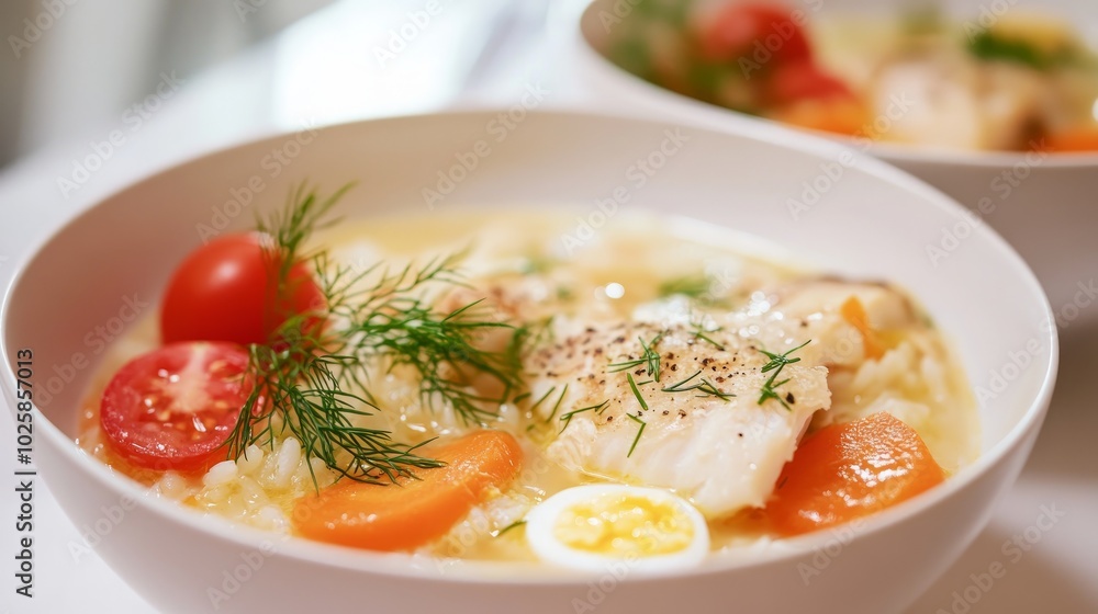 A bowl of fish soup with rice, carrots, dill, tomatoes, and a boiled egg. A bowl of fish soup with rice, carrots, dill, tomatoes, and a boiled egg.