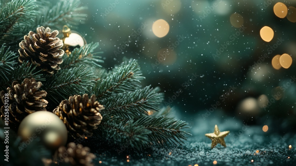 Christmas background with dark green color. delicate pine branches with subtle golden ornaments, small pinecones, and tiny golden stars placed softly in the top left and bottom left corners. Christmas background with dark green color. delicate pine branches with subtle golden ornaments, small pinecones, and tiny golden stars placed softly in the top left and bottom left corners.