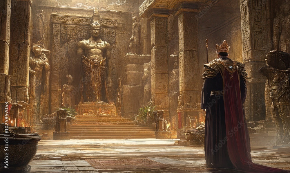 A king stands in a temple, facing a statue.