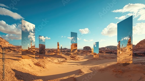 A series of floating mirrors reflecting different parts of a desert landscape, creating a surreal, fragmented reality