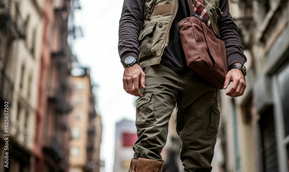Fototapeta premium Man wearing watch, jacket, and carrying bag.