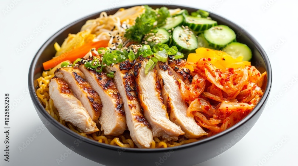 A bowl of ramen noodles with grilled chicken, kimchi, cucumbers, and bean sprouts. A bowl of ramen noodles with grilled chicken, kimchi, cucumbers, and bean sprouts.