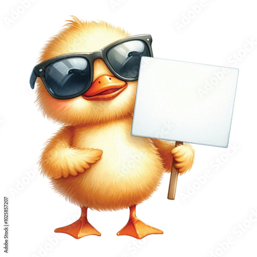 Cute duck wearing sunglasses holding a white sign blank clipart watercolor
