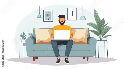 Happy man working from home looking at documents sitting with laptop on sofa drinking coffee