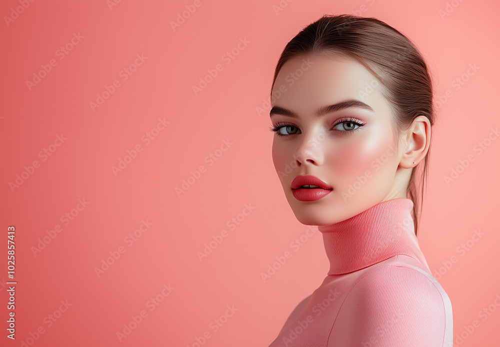 A portrait of an attractive woman model with a slicked pink background A portrait of an attractive woman model with a slicked pink background