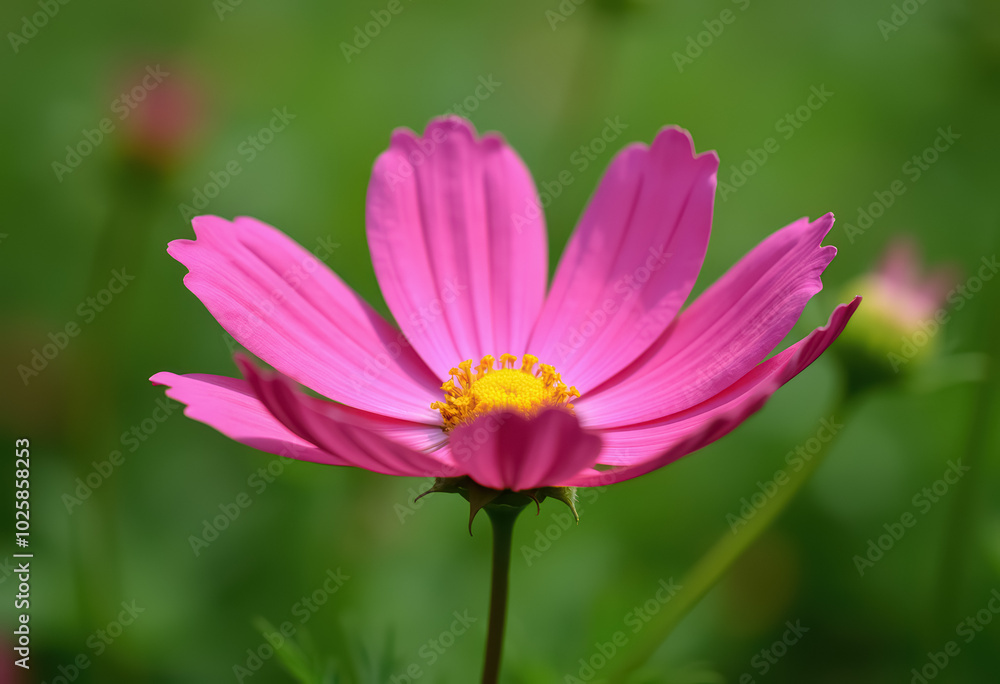 A vibrant pink cosmos flower stands out against a blurred green background. A vibrant pink cosmos flower stands out against a blurred green background.