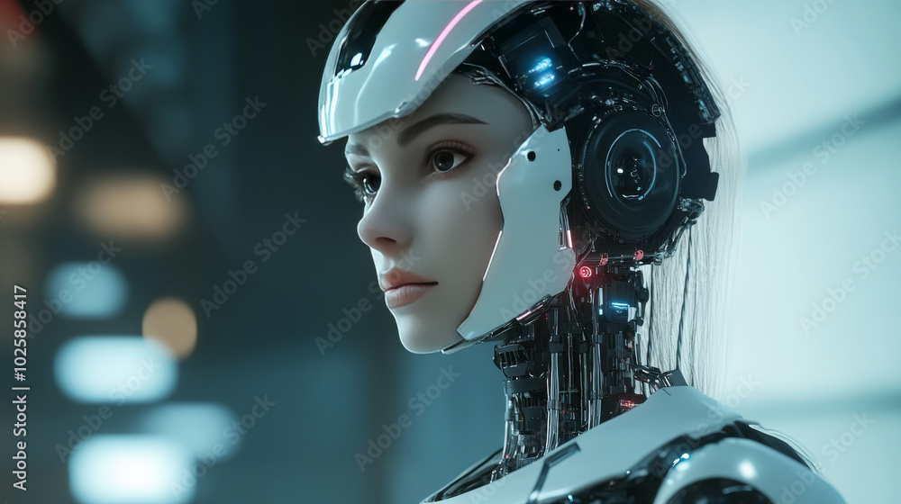 Artificial intelligence has taken control. A female robot queen rules from her throne. A stunning cyborg woman, powered by AI, sits on a podium in the digital world. A girl-like cyborg. Artificial intelligence has taken control. A female robot queen rules from her throne. A stunning cyborg woman, powered by AI, sits on a podium in the digital world. A girl-like cyborg.