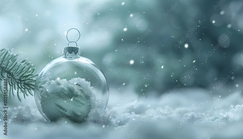 With copyspace, an empty christmas glass transparent bauble is displayed over a snowy background With copyspace, an empty christmas glass transparent bauble is displayed over a snowy background