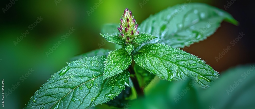 A tight shot of a wet green leaf, adorned with water droplets, against a softly blurred backdrop of green foliage A tight shot of a wet green leaf, adorned with water droplets, against a softly blurred backdrop of green foliage