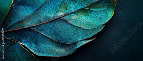  A tight shot of a solitary green leaf against a dark backdrop, surrounded by a cluster of blue and green leaves in the midground photo