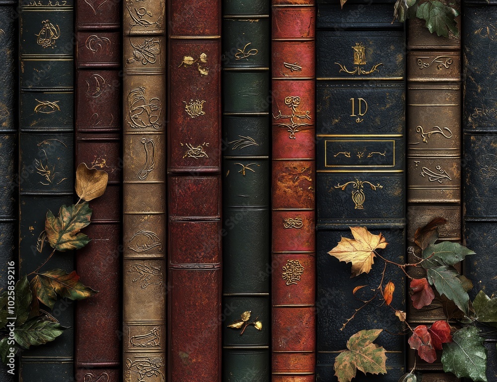 Dark academia aesthetic, neutral dark tones, seamless pattern, deep, muted tones: dark browns, black, charcoal gray, deep maroon, forest green, ochre, and sepia.