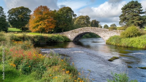 Stone Arch Bridge Over a River with Autumn Trees and Lush Vegetation