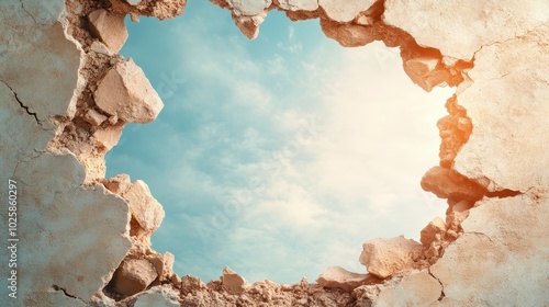 A large hole in a crumbling wall reveals a bright sky, symbolizing freedom and possibilities beyond limitations, casting dramatic shadows on the surrounding debris. photo