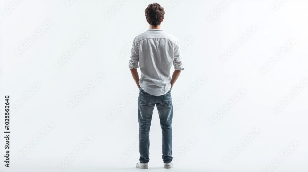 Man in casual summer outfit, back view, standing with hands in pockets on white background. Relaxed and carefree Man in casual summer outfit, back view, standing with hands in pockets on white background. Relaxed and carefree