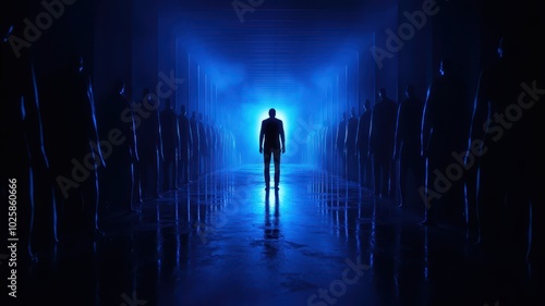 A solitary person stands in a dark room, enveloped by shadowy figures that symbolize fear and doubt.