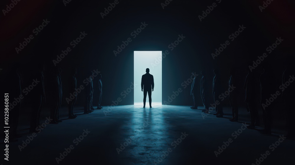 A solitary person stands in a dark room, enveloped by shadowy figures that symbolize fear and doubt. A solitary person stands in a dark room, enveloped by shadowy figures that symbolize fear and doubt.