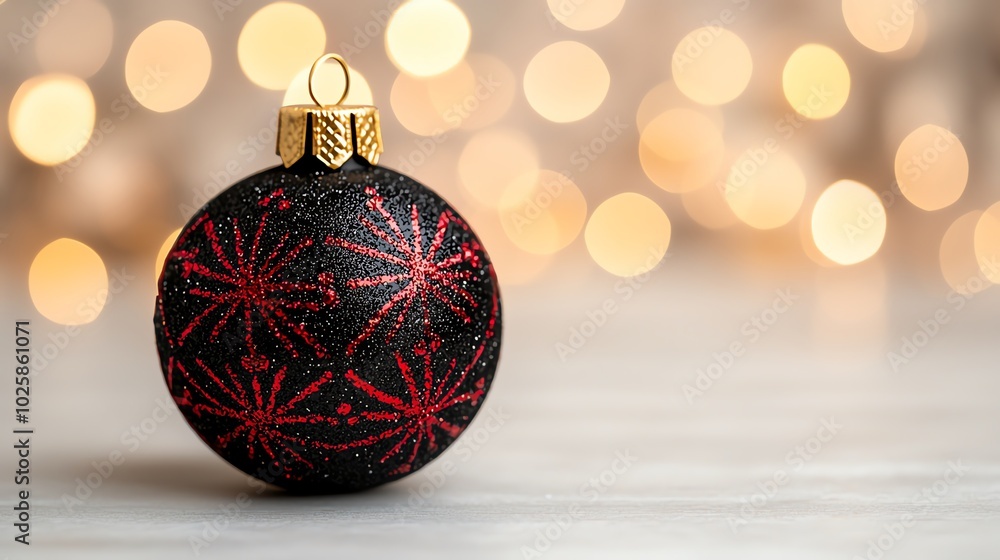 Closeup of a black Christmas ornament with red glittering patterns Closeup of a black Christmas ornament with red glittering patterns