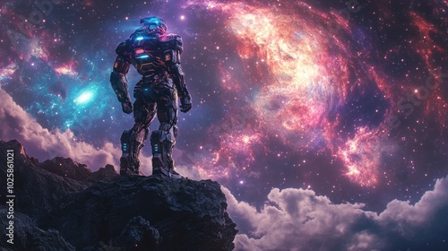 A futuristic robot stands on a rocky outcrop, gazing at a vibrant cosmic landscape.