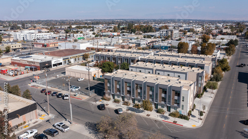 Bakersfield, California, USA - November 24, 2023: Afternoon sun shines on dense housing and urban core of downtown Bakersfield.
