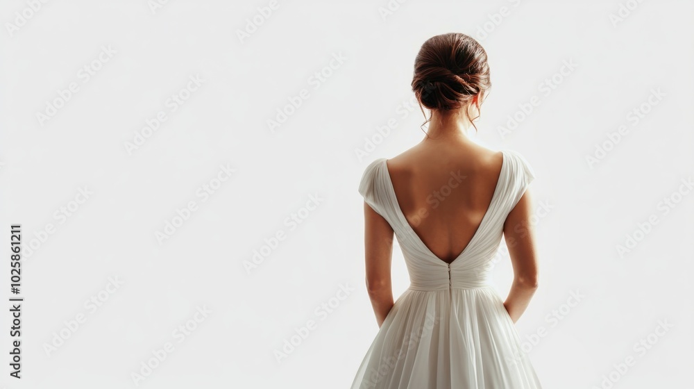 Woman in elegant dress, standing with relaxed posture, back view, full-body on white background Woman in elegant dress, standing with relaxed posture, back view, full-body on white background