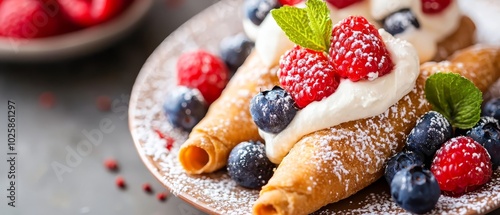  A plate holds crepes topped with berries and dusted with powdered sugar, nearby, a bowl brims with strawberries and raspberries