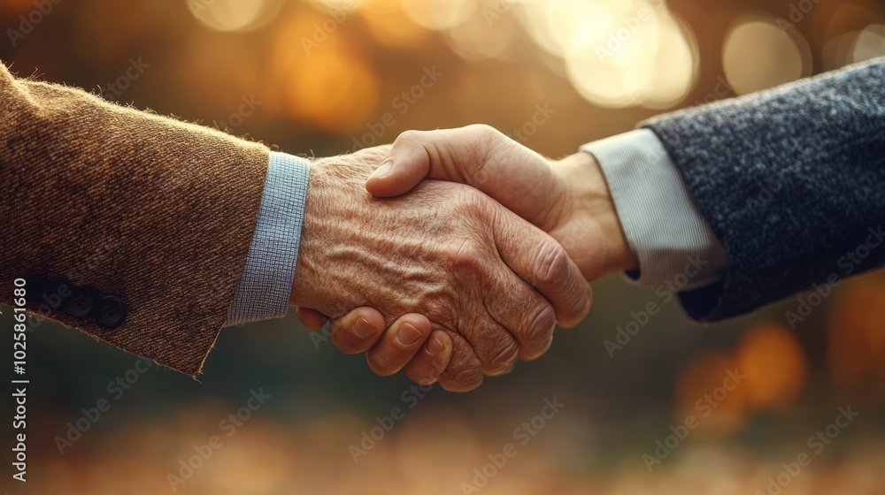 Handshake, old man's hand and young man's hand, close-up, on light background, great quality and texture
