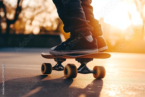 A boy practicing skateboarding at sunset, extreme sport activity concept. photo