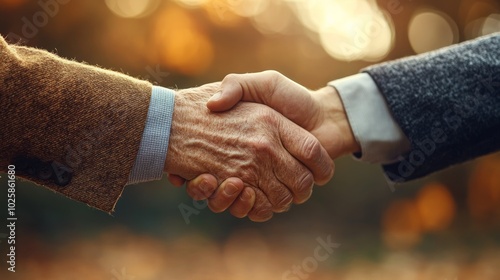 Obraz na płótnie Handshake, old man's hand and young man's hand, close-up, on light background, great quality and texture w salonie