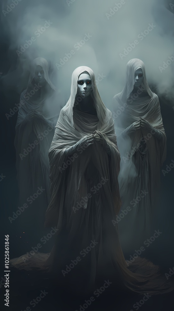 spectral figures in veils create a haunting and mysterious atmosphere. spectral figures in veils create a haunting and mysterious atmosphere.