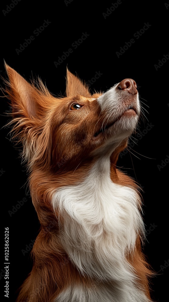 A brown-and-white dog gazes skyward, head lifted, eyes shut against black backdrop A brown-and-white dog gazes skyward, head lifted, eyes shut against black backdrop