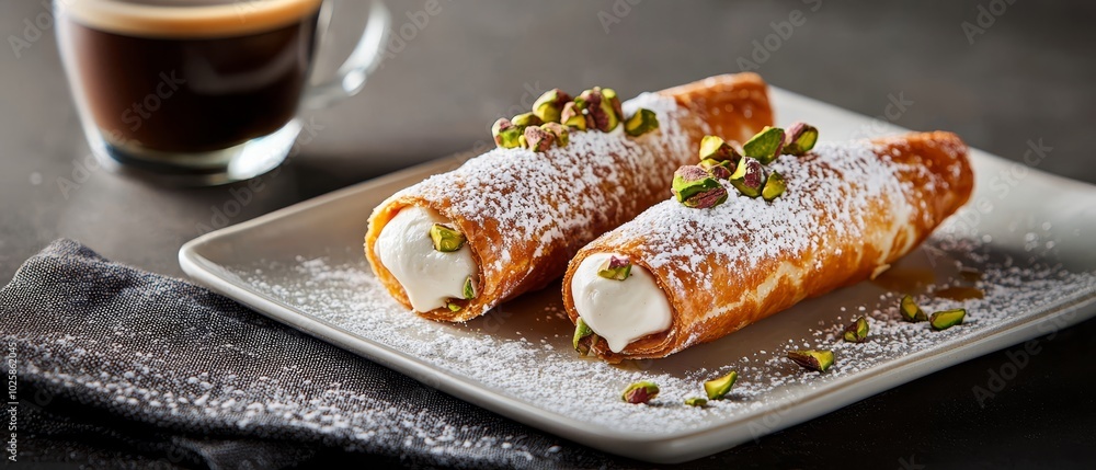 A white plate holds two pastries, each topped with powdered sugar and pistachios, beside a steaming cup of coffee A white plate holds two pastries, each topped with powdered sugar and pistachios, beside a steaming cup of coffee