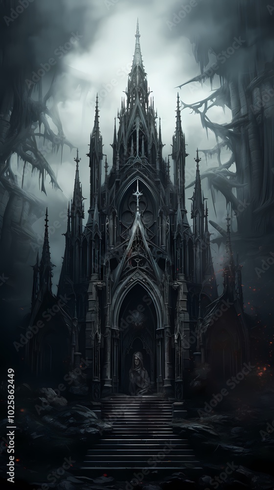 A mysterious, gothic castle shrouded in eerie mist and shadowy surroundings. A mysterious, gothic castle shrouded in eerie mist and shadowy surroundings.