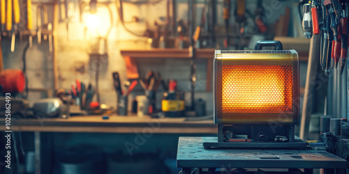 A glowing electric heater on a workbench in a dimly lit workshop, providing warmth and creating a cozy ambiance amidst various tools and equipment. photo