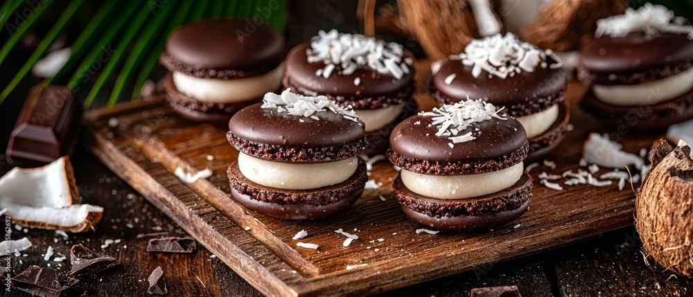 A tight shot of a dessert platter on a wood tray, surrounded by coconuts and coconut foliage in the backdrop A tight shot of a dessert platter on a wood tray, surrounded by coconuts and coconut foliage in the backdrop