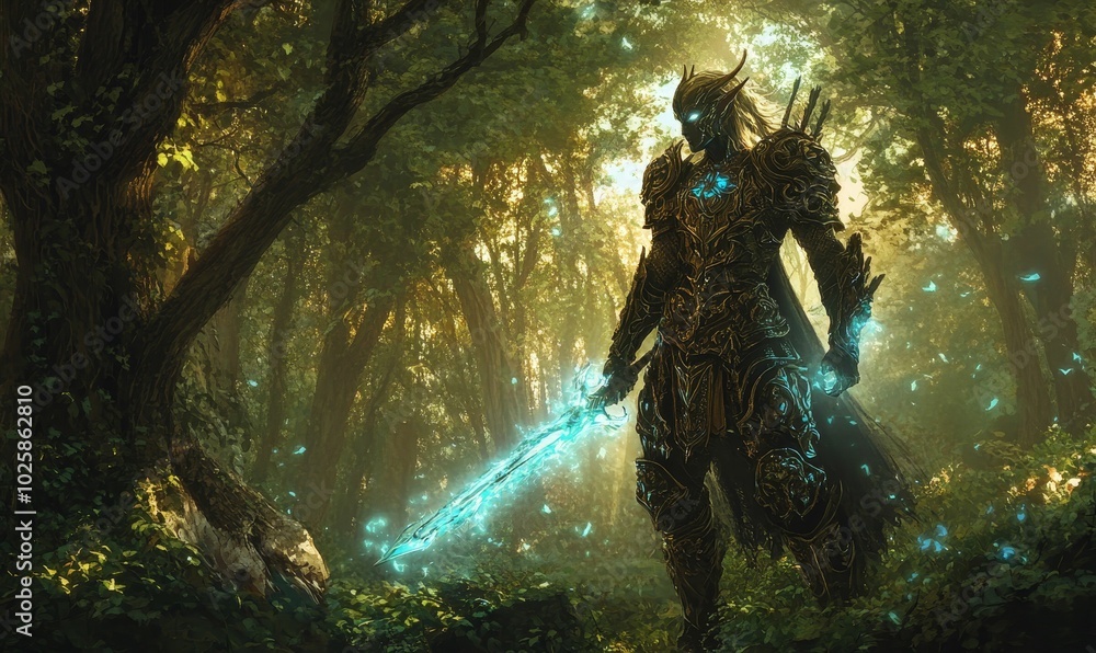 A warrior in armor stands in a forest.