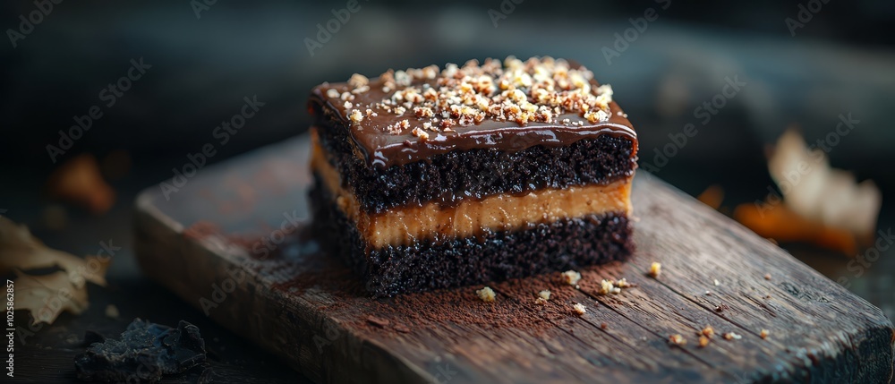A cake sits atop a wooden cutting board, placed upon a slice of wood Nuts rest atop the wood A cake sits atop a wooden cutting board, placed upon a slice of wood Nuts rest atop the wood