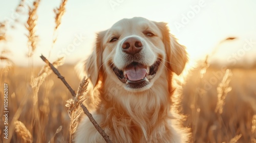 An exuberant dog holds a stick while posing for the camera in a serene field as the golden hour bathes the landscape in a soft, warm light of sunset. photo