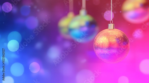 Shiny Christmas ornament with a colorful, blurred background.