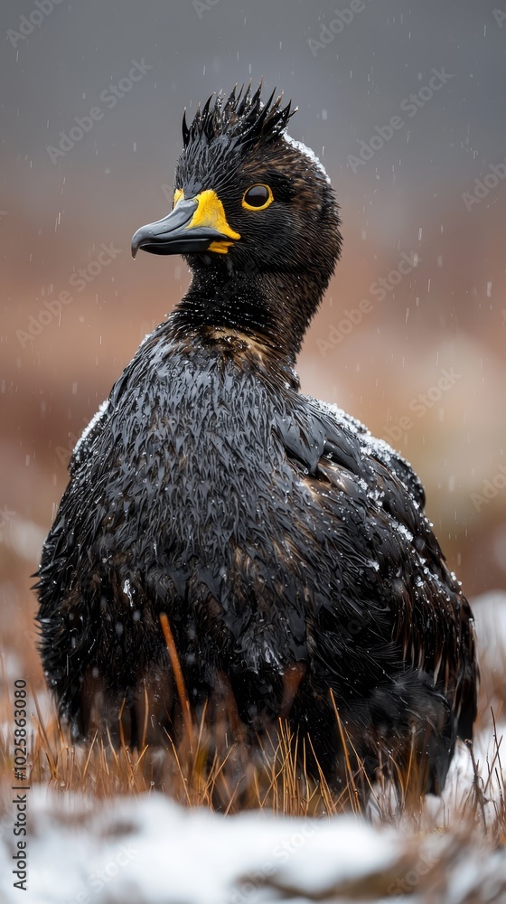 Fototapeta premium A tight shot of a bird perched in a snow-dotted field, grasses in sharp focus at the foreground